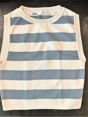 ZARA Cream and Light Blue Striped Knit Tank